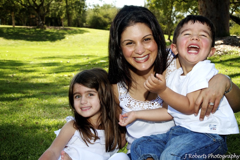 Mother and her 2 children laughing - family portrait photography sydney